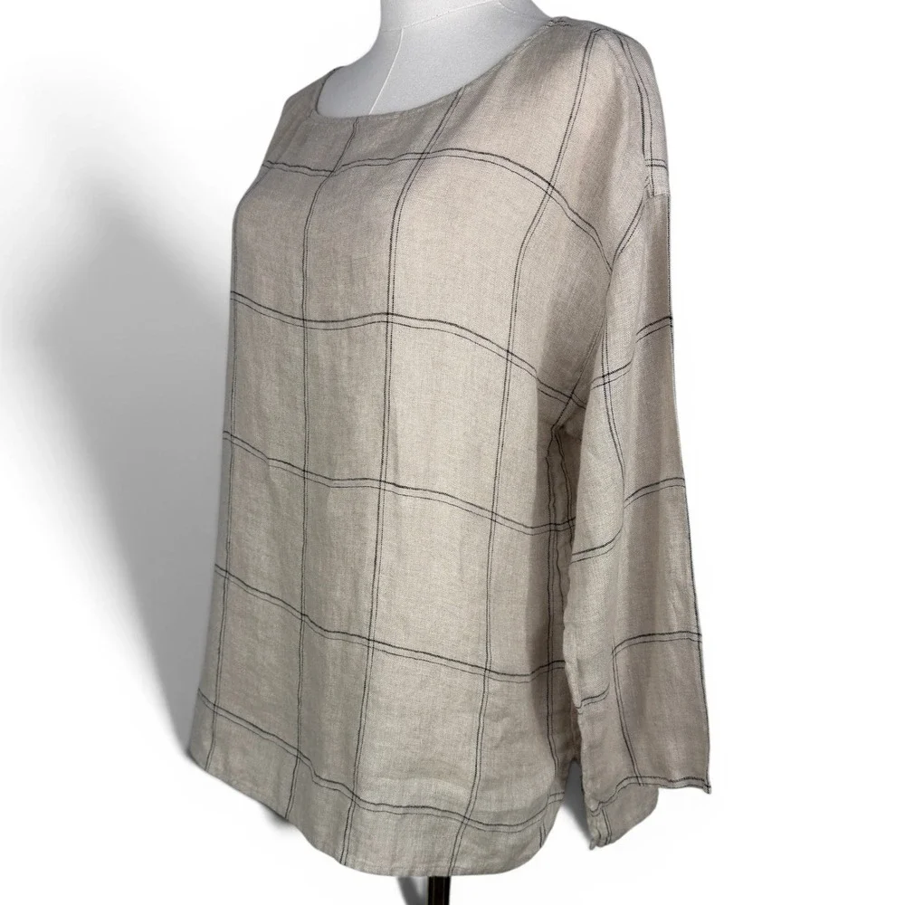 Eileen‎ Fisher Windowpane Organic Linen Blouse Size M Coastal Grandma Lagenlook